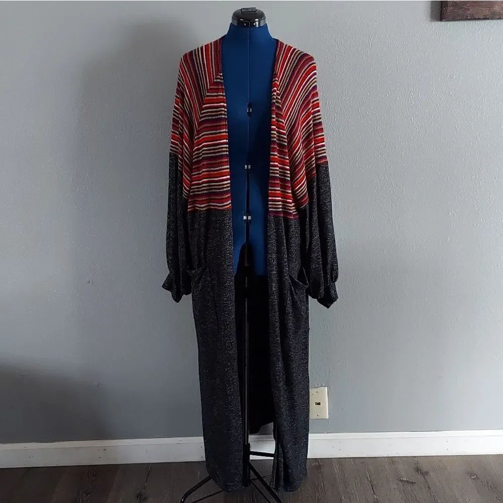 Hummingbird Chic Charcoal Gray Multi Stripe Duster Cardigan Medium